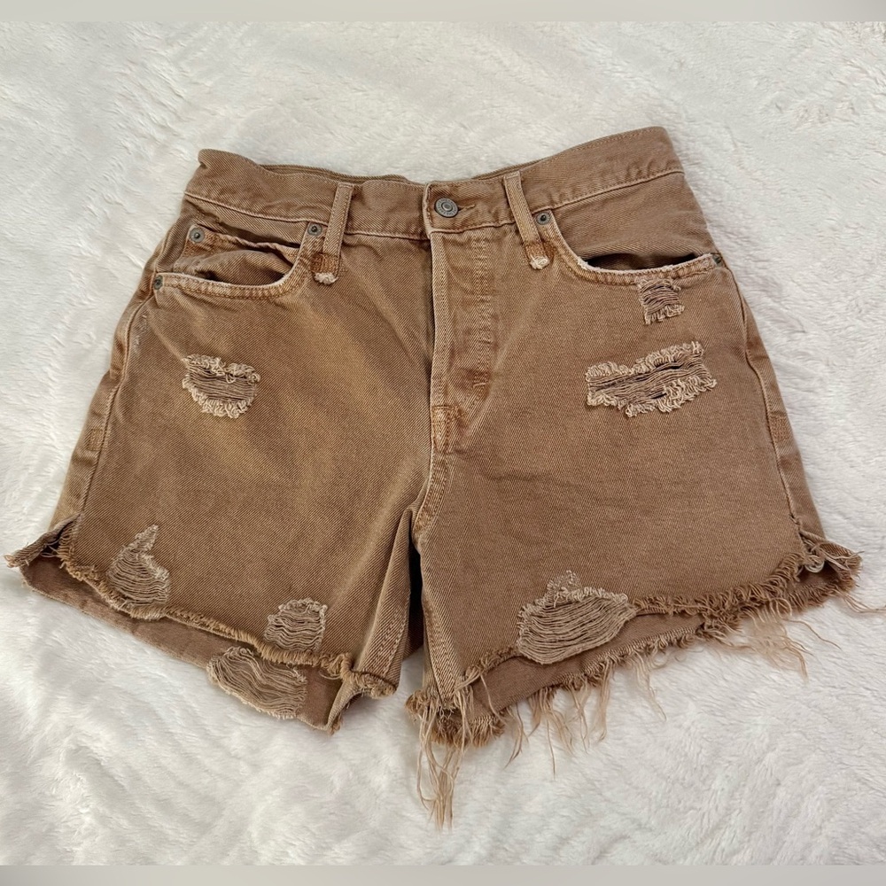 We The Free People Distressed Button Fly Womens Sz 24 Brown Tan Denim Shorts